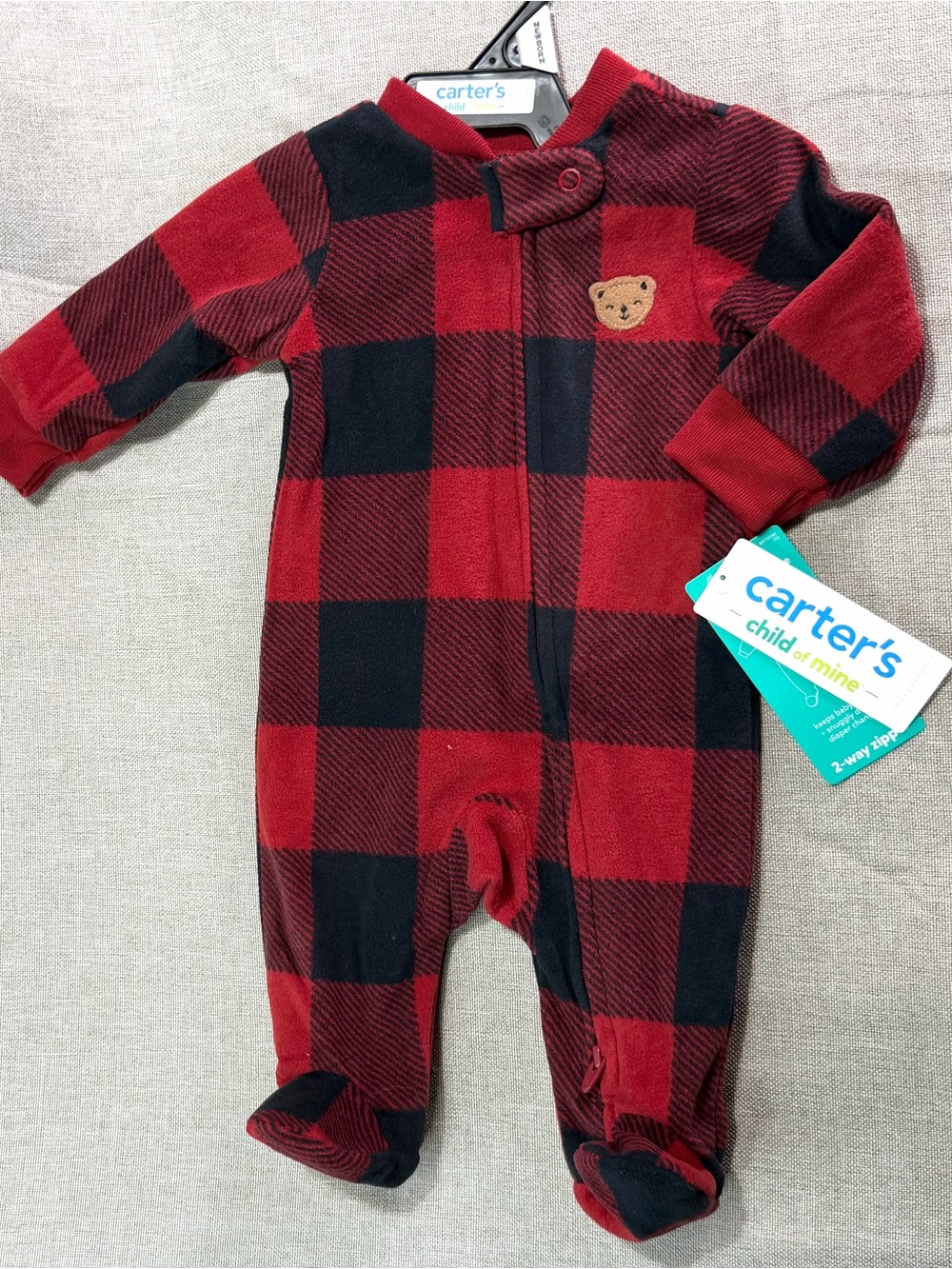 Carter's Red and Black Buffalo Plaid Footed One-Piece with Bear Patch